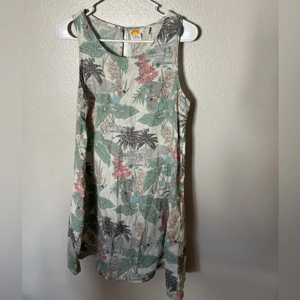 C&C California 100% Linen Tropical Print Shift Dress S Resort Palm Tree Toucan - Picture 2 of 7